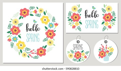 Hello spring floral card set. Flower wreth. Vector illustration