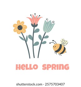 Hello Spring. Floral spring design. Citations for stickers, greeting cards. Isolated vector illustration.