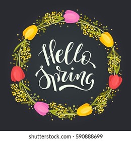 Hello Spring! Floral door wreath on dark background. Card template. Vector illustration 