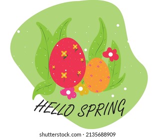 Hello spring floral Egg patterns with fresh green leaves and bright flowers  