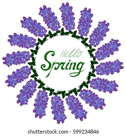 Hello Spring floral frame with lilac for text, isolated on white background. Spring template for your design, greeting cards, invitations, posters, banner. Lettering. 