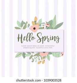 hello spring floral frame and stripes background