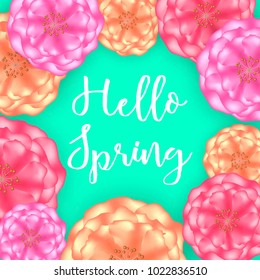 Hello Spring floral frame, template for your design, cards, invitations, posters. Vector illustration