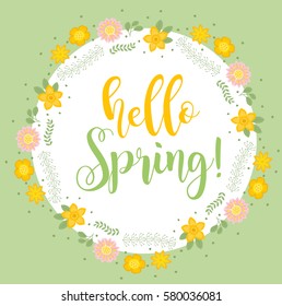 Hello Spring floral frame for text, isolated on white background. Spring template for your design, cards, invitations, posters. Vector illustration