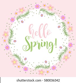 Hello Spring floral frame for text, isolated on white background. Spring template for your design, cards, invitations, posters. Vector illustration