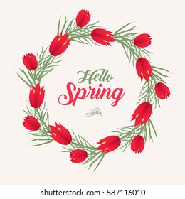 Hello Spring floral frame for text, isolated on white background. Spring template for your design, cards, invitations, posters. Vector illustration