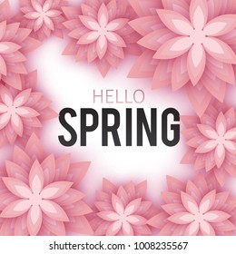 Hello Spring, floral greeting card, paper flowers. Banner with realistic paper flowers. Vector illustration