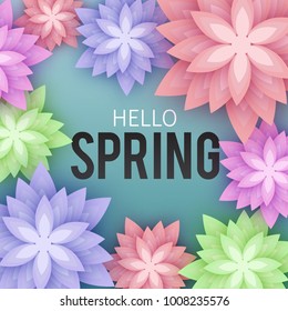 Hello Spring, floral greeting card, paper flowers. Banner with realistic paper flowers. Vector illustration
