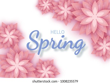 Hello Spring, floral greeting card, paper flowers. Banner with realistic paper flowers. Vector illustration
