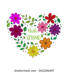 Hello Spring floral heart isolated on white background. Vector template for greeting card, invitation, poster, banner, voucher, wallpaper, flyer, brochure, coupon discount.