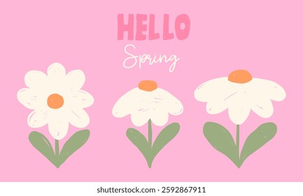 Hello spring. Floral horizontal banner with spring flowers daisy flowers. Vector illustration