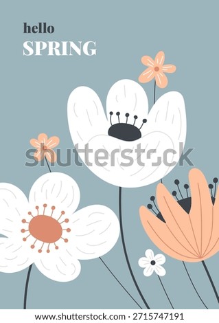 Hello Spring Floral Illustration. Minimal Flat Flowers with Pastel Colors on Blue Background