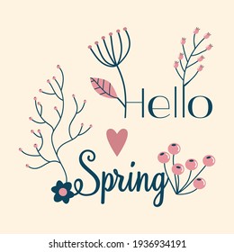 hello spring floral lettering with branches and leaves