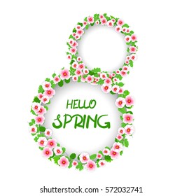 Hello spring. Floral pattern greeting card, March, April, may. 8 March woman day frame bouquet of green leaves and pink cherry blossoms flower. Lettering, decorative vector illustration.