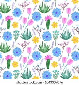 Hello spring. Floral pattern hand drawn. Vector illustration of flowers, tulips, lavender, leaves, cactus isolated on white background.