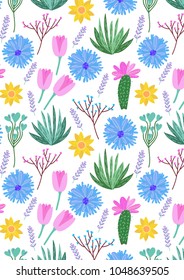 Hello spring. Floral pattern hand drawn. Vector illustration of flowers, tulips, lavender, leaves, cactus isolated on white vertical background.