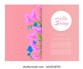 Hello spring floral pink background with flowers for romantic love card or poster and birthday cards, vector illustration. Hello spring flowers background cover or poster.