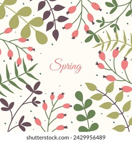 Hello Spring Floral square posters. Social media Springtime post templates. Set of postcards with leaves, flowers and text. Minimalistic style Greeting card with frames of botanical elements.