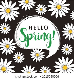 Hello Spring floral vector poster. Hello spring greeting card with daisies. Hello Spring vector illustration.