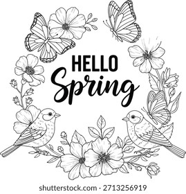 Tipografía de Vector floral de Hello Spring con mariposas para tarjetas de felicitación de temporada.