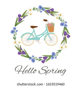 Hello spring floral wreath with flowers and ladies bicycle for card or poster and birthday cards, vector illustration. Hello spring bike and flowers background.