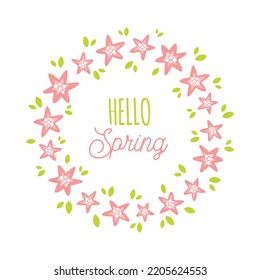 Hello Spring floral wreath Svg cut file. Vector illustration isolated on white background. Hello spring round sign or card. Cute hand drawn flowers and leaves svg