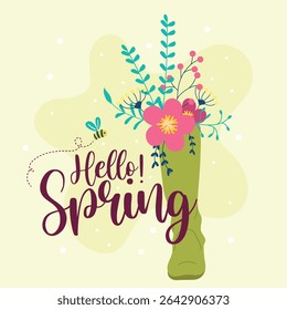 Hello spring with flower boot. Vector illustration