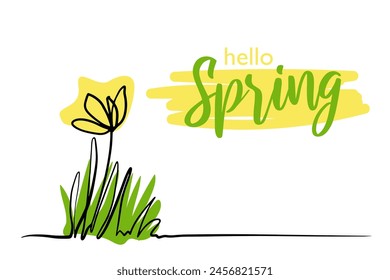 Hello spring Flower in continuous line art drawing style. Doodle floral border with  grass, flower blooming. Minimalist color  linear design isolated on white background. greeting card, poster, banner