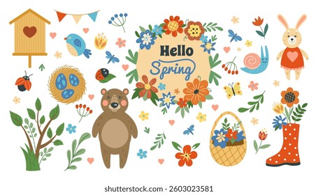 Hello spring. Flower and leaves, cute animals, bear and rabbit, butterfly and bird. Nature tree with leaf. Green leaves with cute character. Sun, frame plant elements. Vector season tidy cartoon set