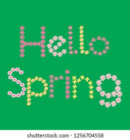 Hello Spring flower lettering vector illustration. Flower brush calligraphy green, pink, yellow. Seasonal happy design for web banner, instagram post, greeting card, garden party, decor, stationery.