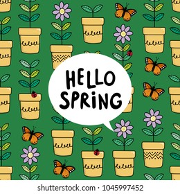 Hello spring. Flower in pot and butterfly seamless pattern and background. 