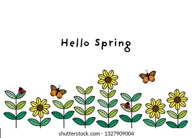 Hello spring with flower in pot and butterfly. So cute and fresh