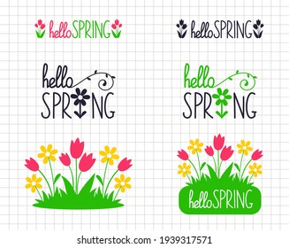 Hello spring flower tulip designs. Silhouette and clipart. Farmhouse door decor. Digital vector illustrations.