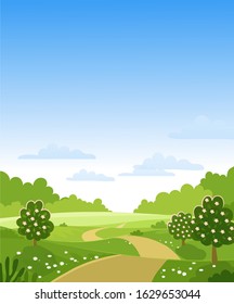 Hello Spring. Flowering trees on the farm. Green hills and meadows, blue sky with clouds, flowers on fruit trees. Card with spring or summer landscape. Flat vector illustration