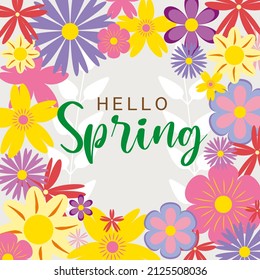 hello spring in flowers backfround postcard