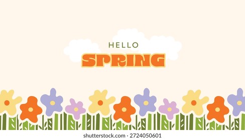 Hola primavera, fondo de flores de primavera, Fondo de pantalla, cubierta de primavera estacional, Plantilla, Ilustración vectorial moderna
