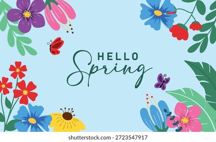 Olá primavera flores fronteira clipart design. Hello Spring saudação clip art em primavera fundo quadro flores coloridas para primavera temporada banner modelo vetor ilustração.
