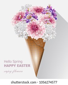 Hello spring flowers bouquet in an ice cream cone. Vector Beautiful composition springtime cards