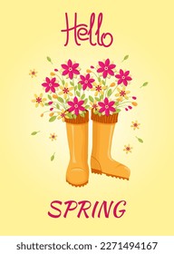 Hola primavera. Flores de primavera, rama con hojas en botas de goma. Cartel, postal, afiche, ilustración vectorial.