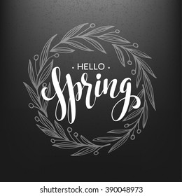 Hello  Spring flowers are drawn with chalk on black chalkboard. Sketch, design elements. Vector illustration EPS10