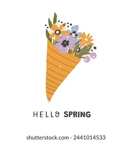Hello spring - flowers illustration made in vector. Postcard, invitation and t-shirt design with lettering.