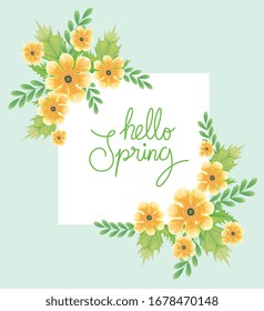 hello spring with flowers and leafs decoration vector illustration design