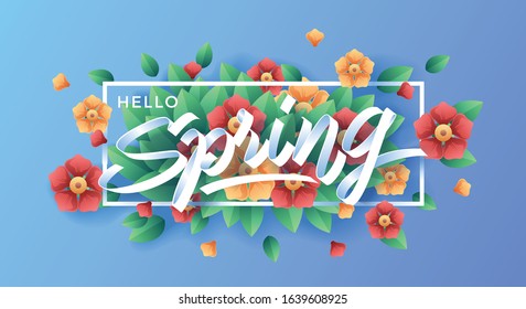 Hello Spring With Flowers And Leaves And Blue Background