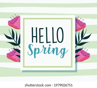 hello spring flowers leaves label