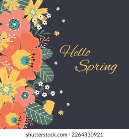Hola primavera. Flores de primavera, hojas sobre fondo oscuro. Cartel, postal, afiche, ilustración vectorial.