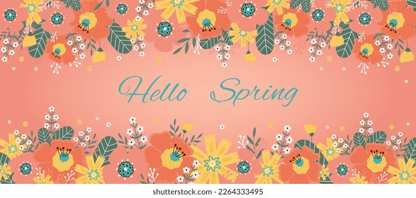 Hola primavera. Flores de primavera, hojas sobre fondo rosado. Cartel, postal, afiche, ilustración vectorial.
