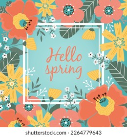 Hallo Frühling. Frühlingsblumen, Blätter auf blauem Hintergrund. Banner, Postkarte, Poster, Vektorgrafik.