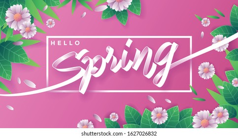 Hello Spring With Flowers And Leaves And Pink Background