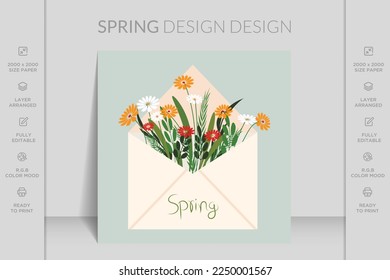 Hello spring, flowers, leaves, text, lettering slogan. Vector illustration for greeting card, invitation template, poster, banner. Hand drawn lettering happy spring for card, banner, poster. 