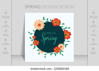 Hello spring, flowers, leaves, text, lettering slogan. Vector illustration for greeting card, invitation template, poster, banner. Hand drawn lettering happy spring for card, banner, poster. 